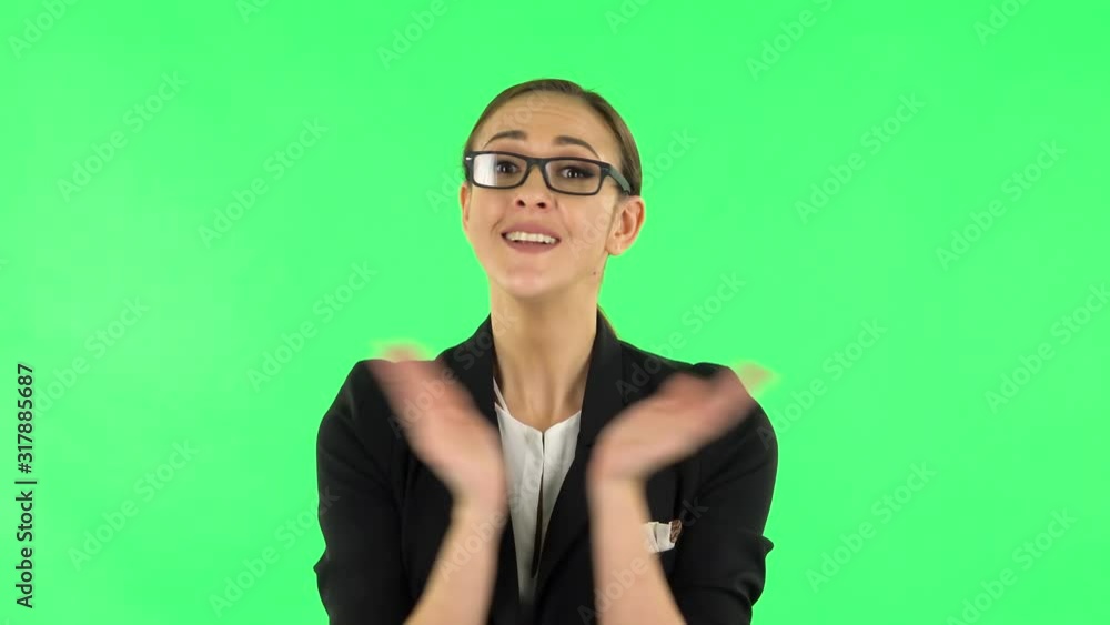 Girl claps her hands with wow happy joy and delight. Green screen Girl claps her hands with wow happy joy and delight. Green screen