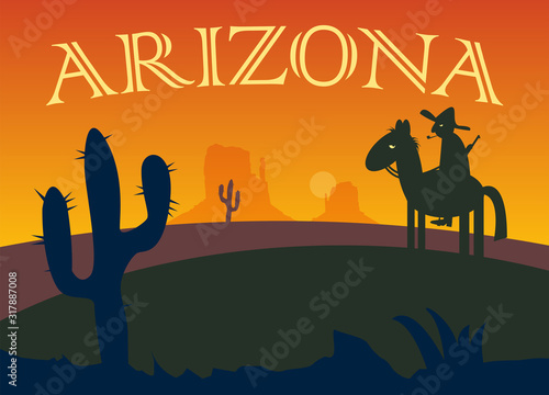 Desert sunset silhouette landscape. Arizona or Mexico western cartoon