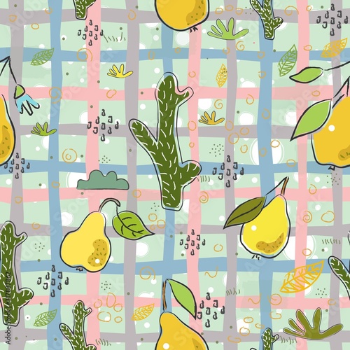 Seamless Pattern With Hand Drawn Cacti and Fruits(banana). Hand Drawn Scandinavian Style. Vector Illustration
