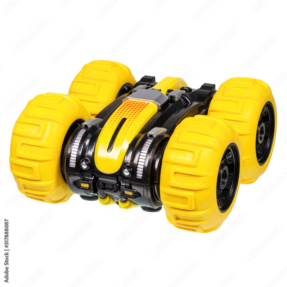 Black and yellow plastic radio controlled car isolated on the white background. Three quarter view Black and yellow plastic radio controlled car isolated on the white background. Three quarter view