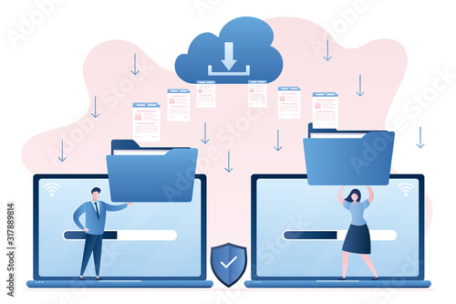 Exchanging files. Two modern laptops, people holding folders. Clouds technology concept
