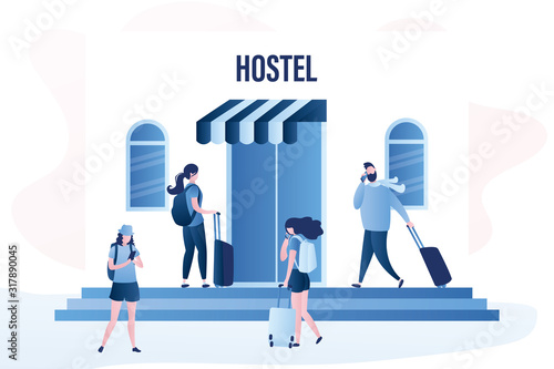 Hostel facade exterior. Various tourists near hotel doors. Traveller characters with baggage in trendy style.