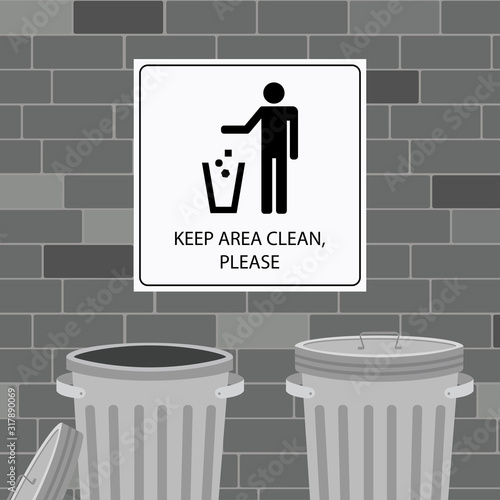 Keep clean icon or poster on a brick wall. Do not litter sign. Silhouette of a man, throwing garbage in a bin.