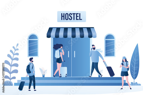 Hostel facade exterior. Various tourists near hotel doors. Traveller characters with baggage in trendy style.