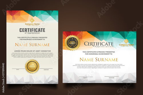Set certificate template with dynamic and futuristic polygonal color and modern background.