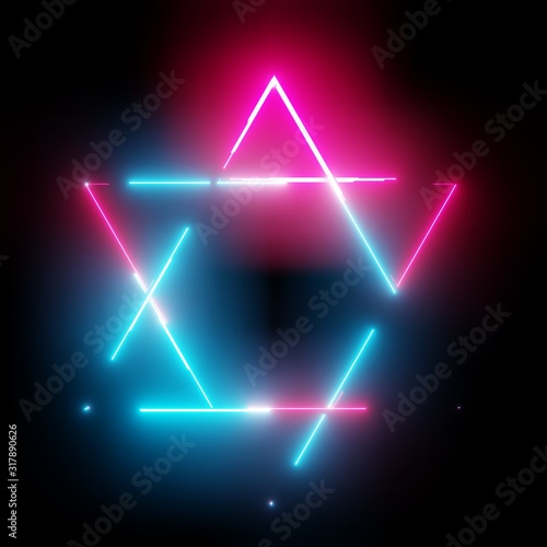 Neon light triangles frame on dark background