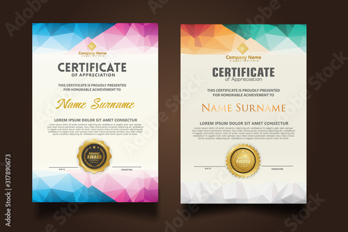 Set certificate template with dynamic and futuristic polygonal color and modern background.