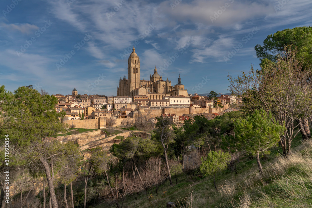 View of the old town of Segovia and the Cathedral of Santa Maria de Segovia. Spain, December of 2019.