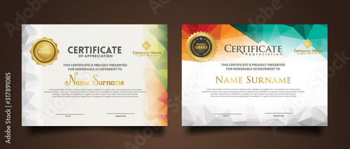 Set certificate template with dynamic and futuristic polygonal color and modern background.