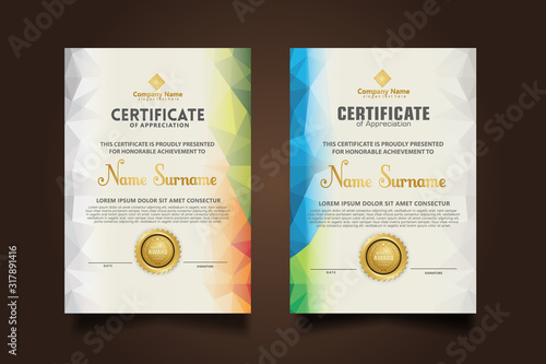 Set certificate template with dynamic and futuristic polygonal color and modern background.