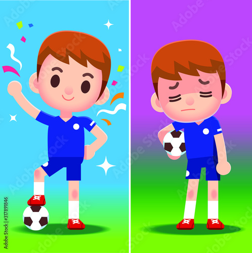 Vector football player, soccer player, characters in different emotion, winning and losing