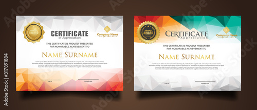 Set certificate template with dynamic and futuristic polygonal color and modern background. photo