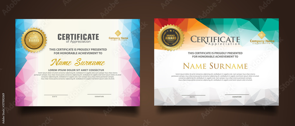 Set certificate template with dynamic and futuristic polygonal color and modern background. - obrazy, fototapety, plakaty 