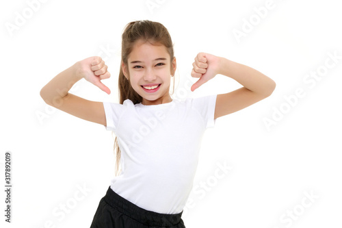 Little girl in a white T-shirt.