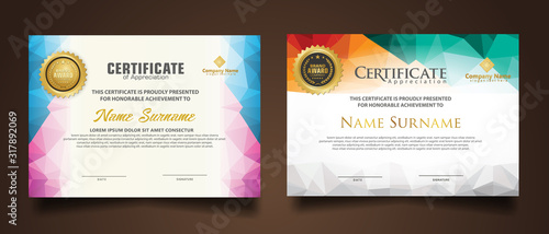 Set certificate template with dynamic and futuristic polygonal color and modern background.