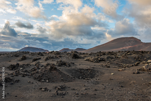 Volcanic landscape of Timanfaya National Park on island Lanzarote, Canary Islands.