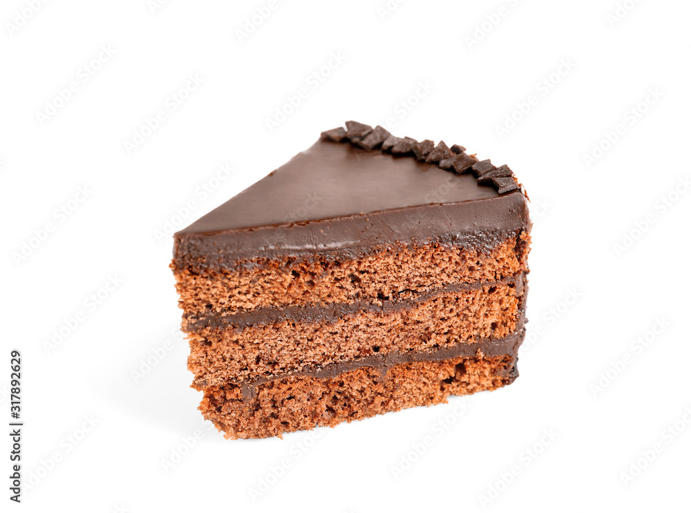 Piece of tasty chocolate cake isolated on white Piece of tasty chocolate cake isolated on white