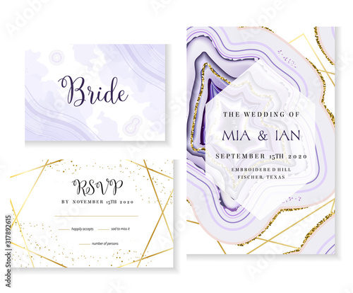 Amethyst crystal geode purple wedding vector cards