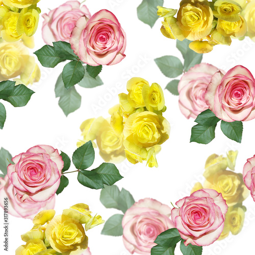 Beautiful floral background of yellow begonia and pink roses. Isolated © Ann-Mary