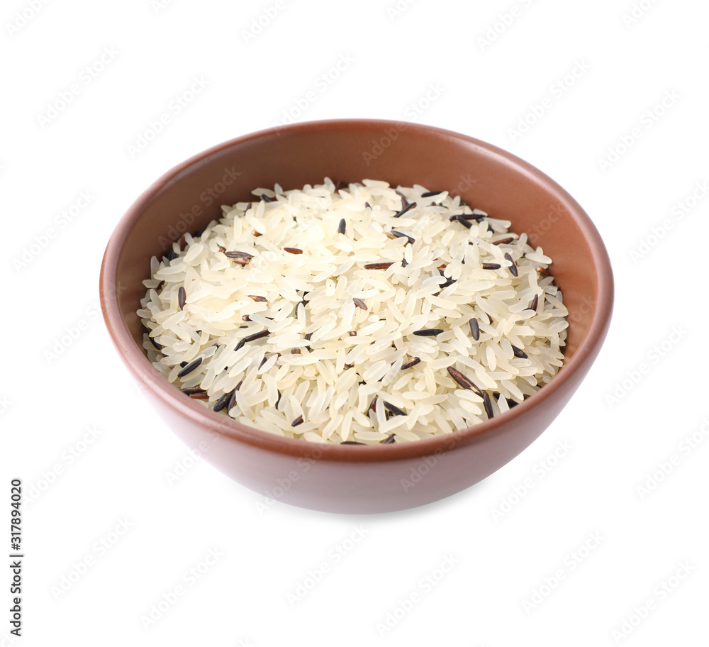 Mix of brown and polished rice in bowl isolated on white Mix of brown and polished rice in bowl isolated on white