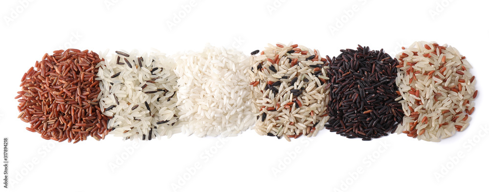 Different types of brown and polished rice isolated on white, top view - obrazy, fototapety, plakaty 