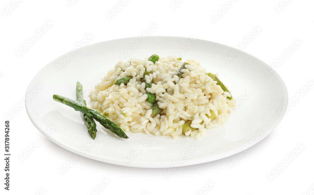 Delicious risotto with asparagus isolated on white Delicious risotto with asparagus isolated on white