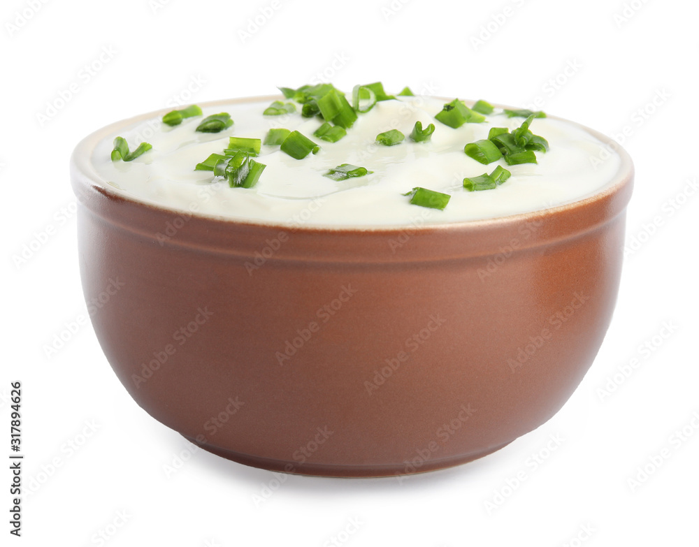Fresh sour cream with onion on white background Fresh sour cream with onion on white background