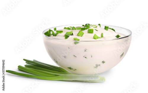Fresh sour cream with onion on white background
