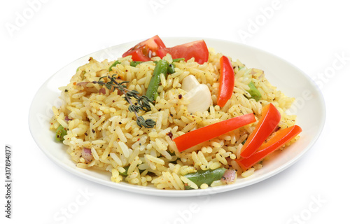 Tasty rice pilaf with vegetables isolated on white