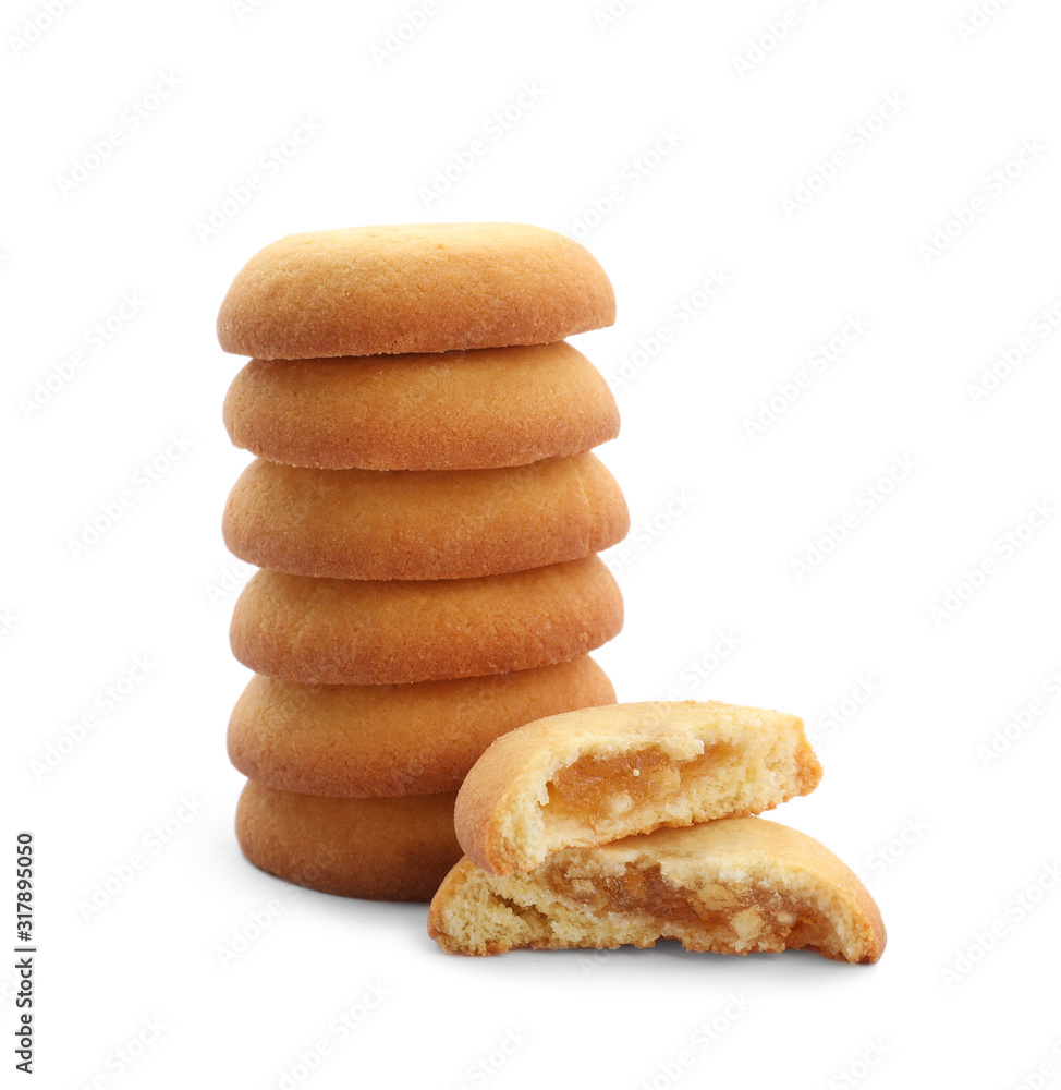 Tasty fresh shortbread cookies with filling isolated on white Tasty fresh shortbread cookies with filling isolated on white