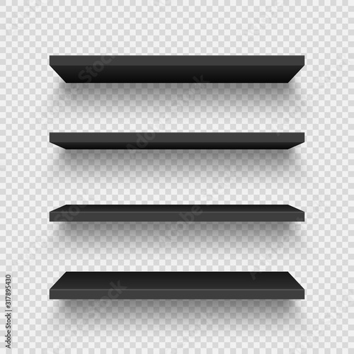 Realistic black wall shelf collection on checkered background. Empty store rack. Vector illustration.