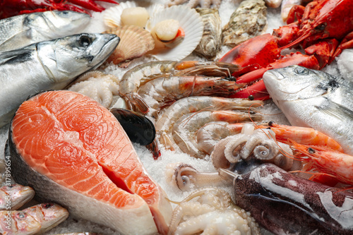 Photography Fresh fish and seafood on ice, closeup