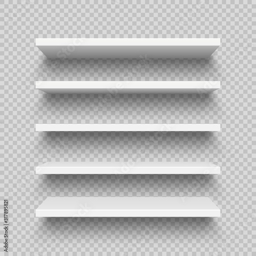 Realistic white wall shelf collection on checkered background. Empty store rack. Vector illustration.
