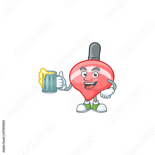 Happy chinese red tops toy mascot design with a big glass