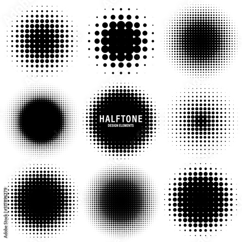 Circle halftone design elements with black dots isolated on white background. Comic dotted pattern.Vector illustration.