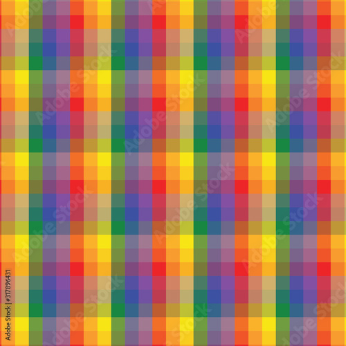 LGBT rainbow colored flag, plaid background, pride symbol, seamless tartan pattern, colorful stripes
