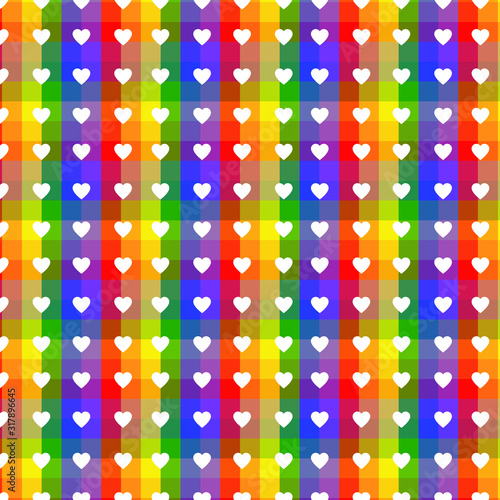 LGBT rainbow colored flag with white hearts pattern on top, colorful background, pride concept