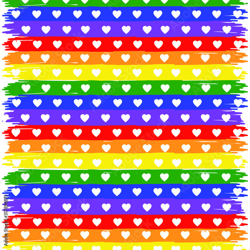 LGBT rainbow colored flag with white hearts pattern on top, colorful background, pride concept