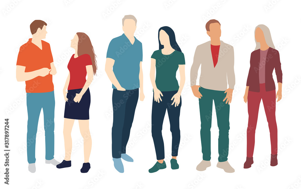 Obraz premium Silhouettes of men and women, different colors, cartoon character, group of standing business people, flat icon design concept isolated on white background