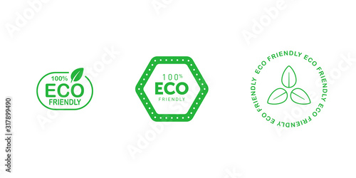 Set of various eco friendly 100 percent green badges with tree leaf. Design element for packaging design and promotional material. Vector illustration.