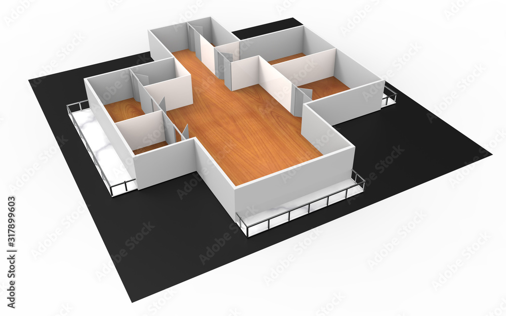 Empty house interior model showing walls, doors and floor. 3d illustration Empty house interior model showing walls, doors and floor. 3d illustration