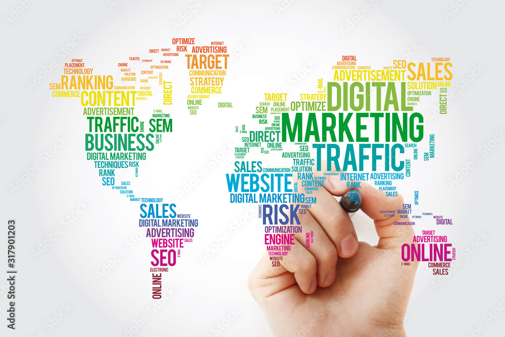 Digital Marketing word cloud in shape of world map, business concept ...