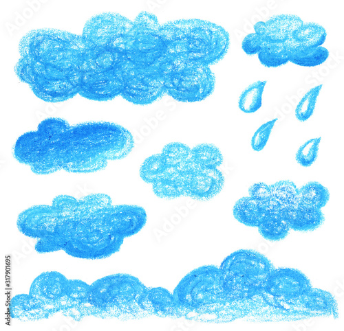 Blue cloud hand-drawn oil pastel illustration. Children drawing sky cloud with rain drop. Textured bubble icon set.