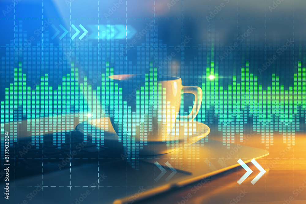 Financial chart drawing and table with computer on background. Multi exposure. Concept of international markets. Financial chart drawing and table with computer on background. Multi exposure. Concept of international markets.