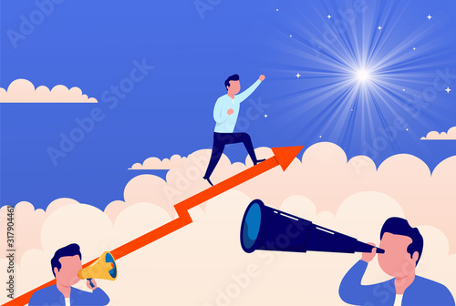 Businessman on growing red arrow runs towards his goal reaching the stars. Concept of overcoming difficulties and achieving success, look into future.