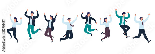 Cheerful group of diverse business people team jumping celebrating victory together. Concept of happy successful people.