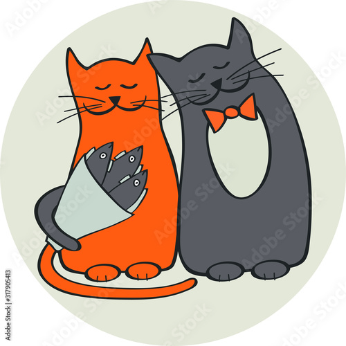 Couple of cats in love holding bouquet of fish, vector illustration