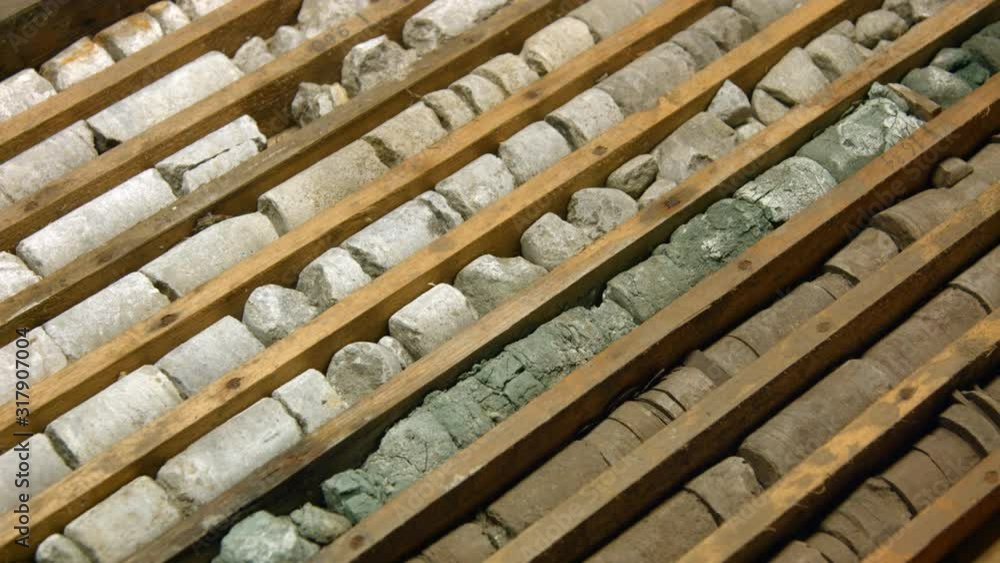 Drill core samples from geological borehole in wooden box Drill core samples from geological borehole in wooden box