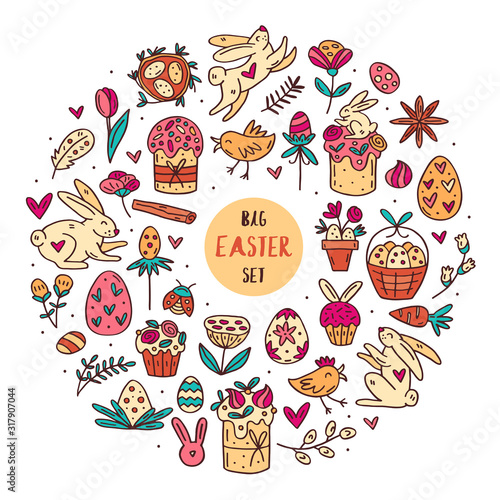 Easter elements doodle hand drawn vector big set of elements, clip art, illustration, sticker. Colorful elements. Isolated on white background. Easter cakes, rabbits, muffins, plants, eggs, spices.