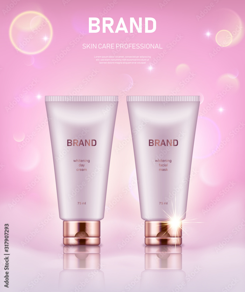 Realistic cream tubes with golden lids on pastel pink background with bokeh lights. Advertising poster for the promotion of cosmetic skin care premium product Realistic cream tubes with golden lids on pastel pink background with bokeh lights. Advertising poster for the promotion of cosmetic skin care premium product